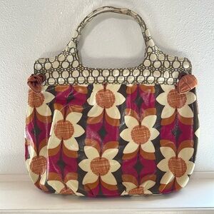 Large vintage fossil tote shoulder bag floral vinyl with canvas handles